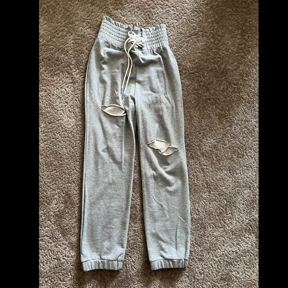 High Waisted Grey Ripped Jogger Sweat Pants